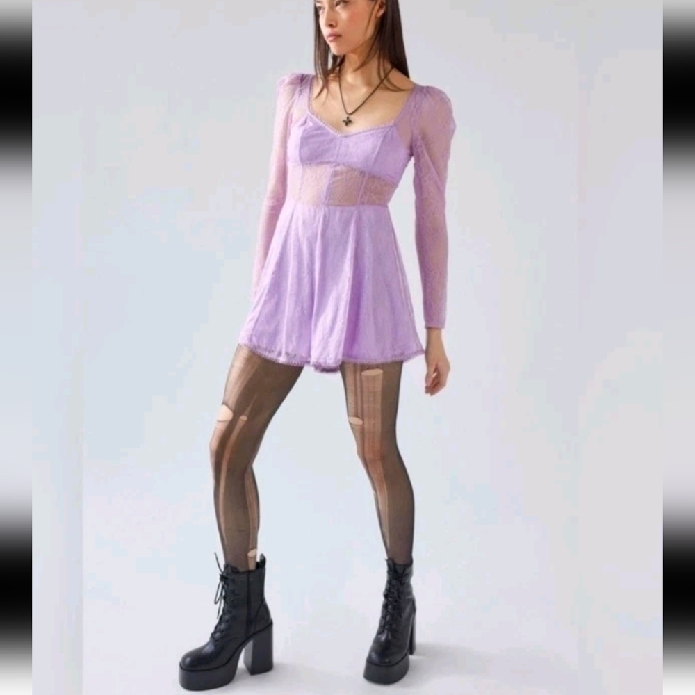 Urban Outfitters Womens Leah Lace Long Sleeve Festival Boho Romper In Lilac S